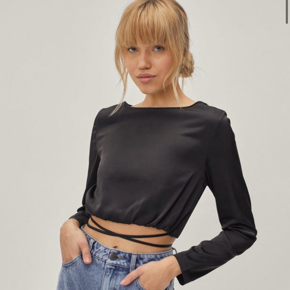 Nasty Gal Tie Not Tonight Black Satin Cropped Blouse with Boat Neckline